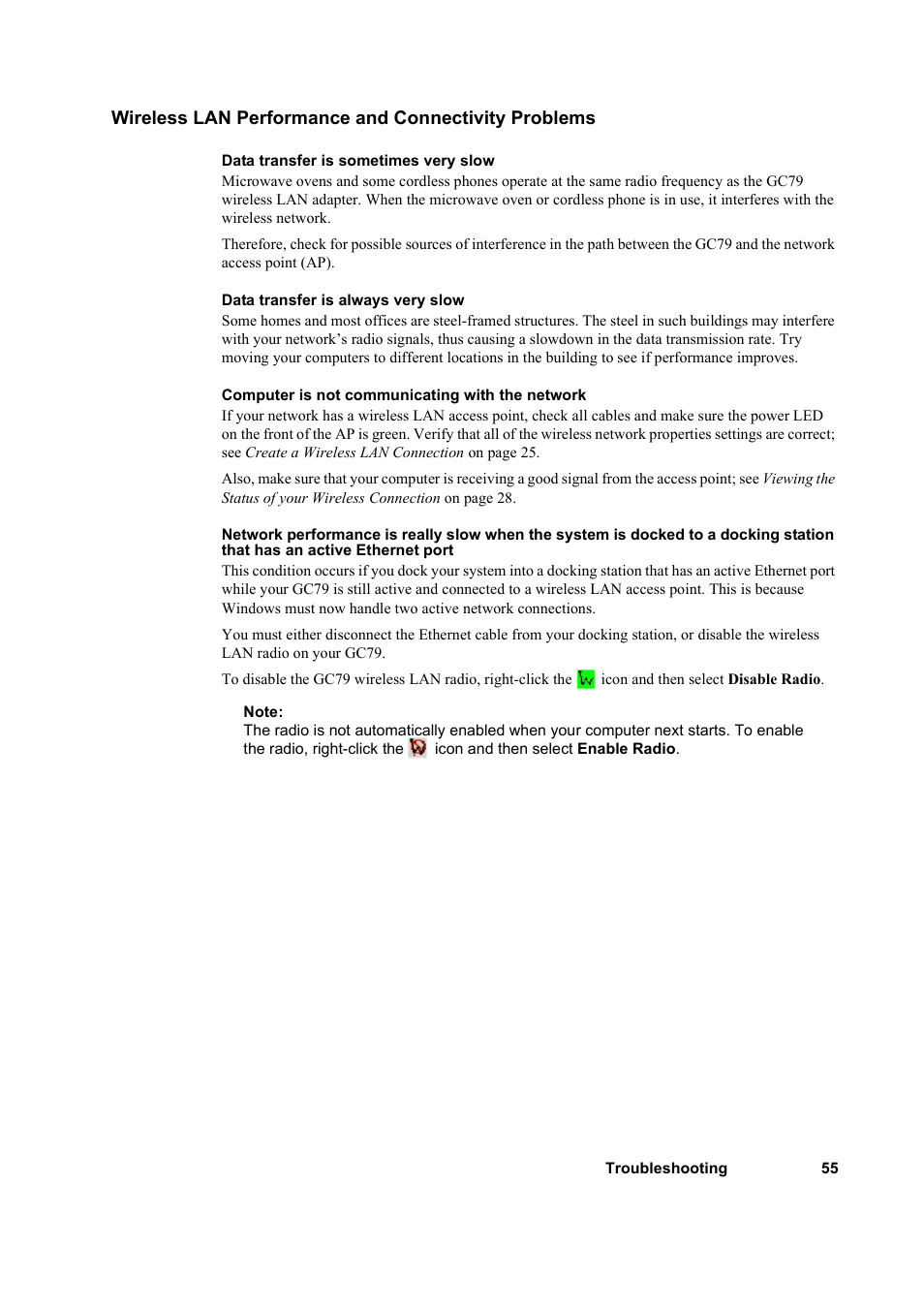 Wireless lan performance and connectivity problems | Sony GC79 User Manual | Page 55 / 86