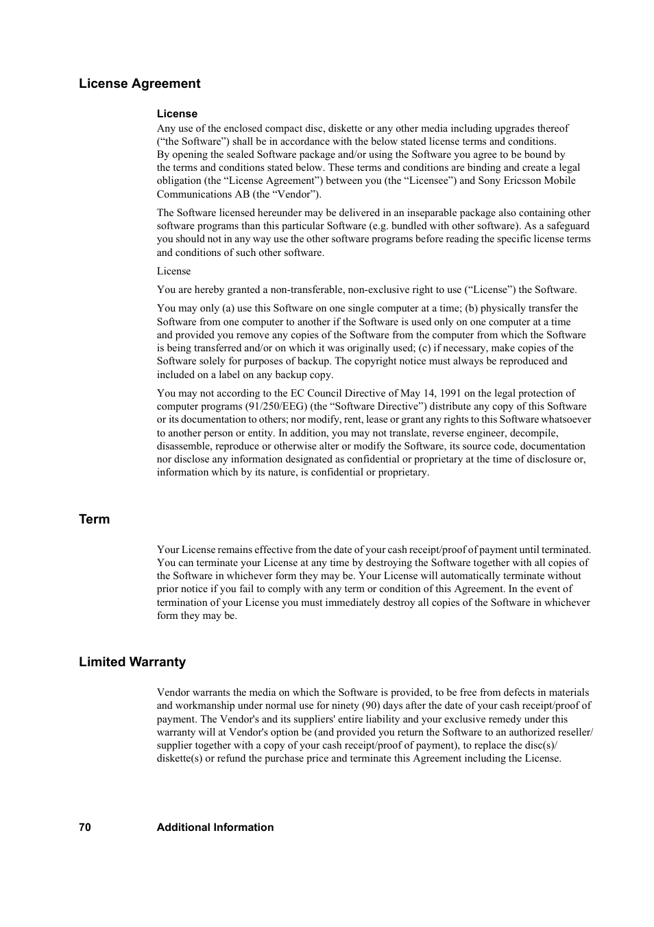 License agreement, Term, Limited warranty | License agreement term limited warranty | Sony GC79 User Manual | Page 70 / 86