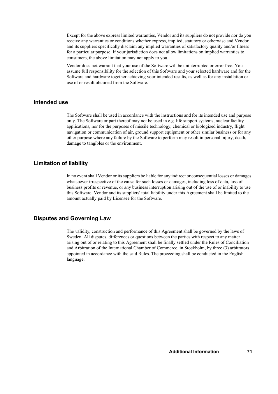 Intended use, Limitation of liability, Disputes and governing law | Sony GC79 User Manual | Page 71 / 86