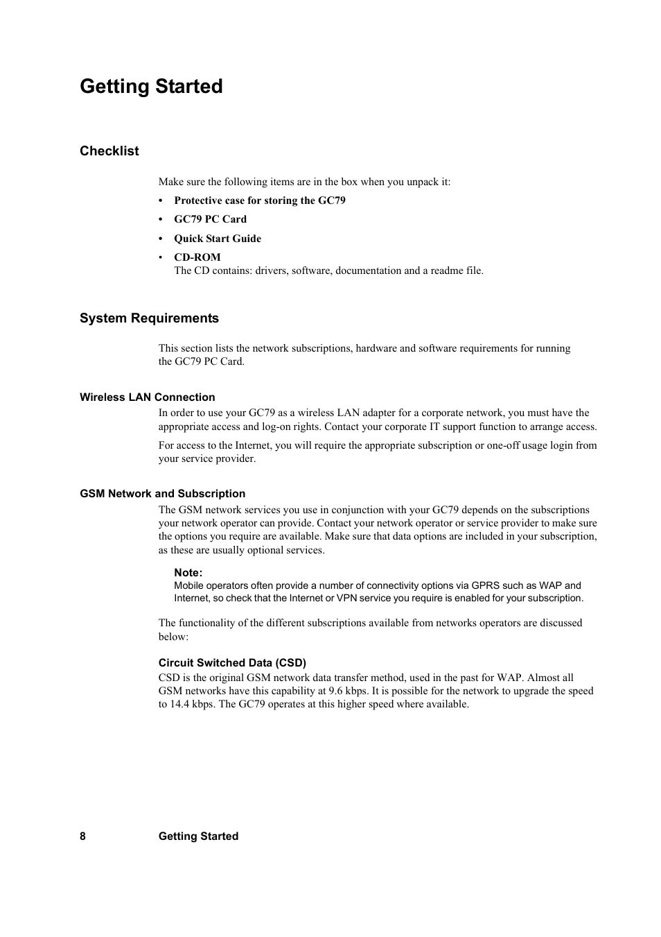 Getting started, Checklist, System requirements | Checklist system requirements | Sony GC79 User Manual | Page 8 / 86