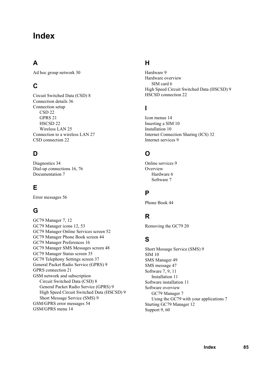 Index | Sony GC79 User Manual | Page 85 / 86