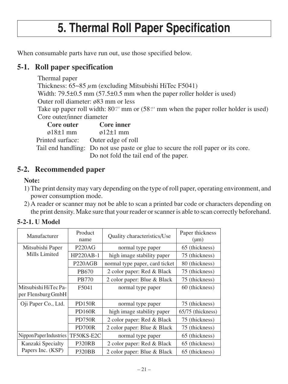 Thermal roll paper specification, 1. roll paper specification, 2. recommended paper | Star Tech Development TSP100 User Manual | Page 24 / 42