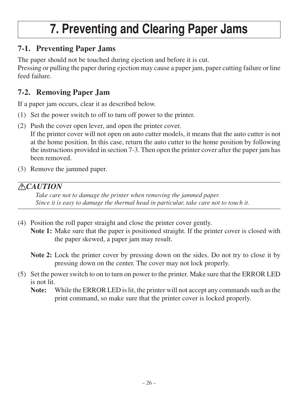 Preventing and clearing paper jams, 1. preventing paper jams, 2. removing paper jam | Star Tech Development TSP100 User Manual | Page 29 / 42