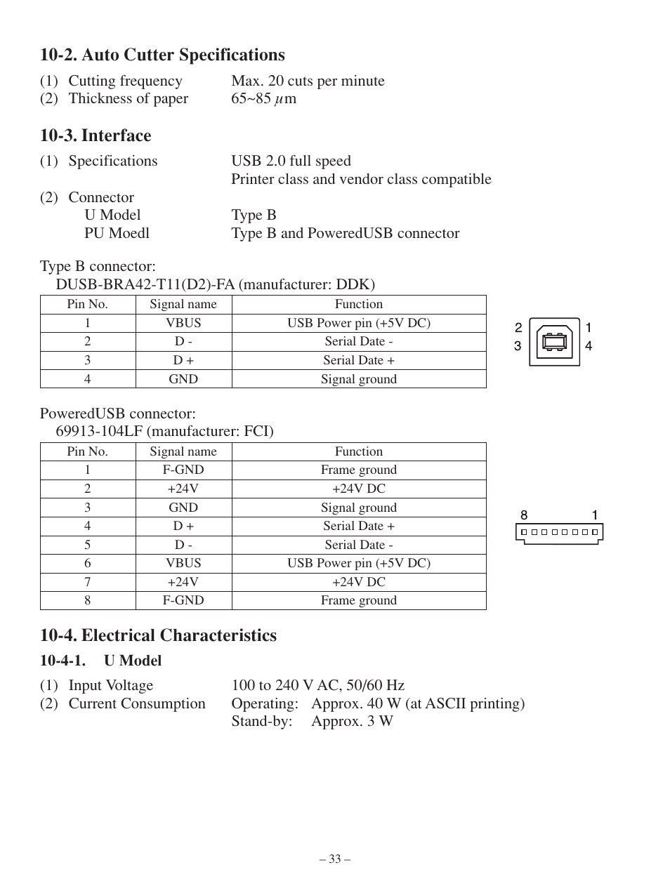 2. auto cutter specifications, 3. interface, 4. electrical characteristics | Star Tech Development TSP100 User Manual | Page 36 / 42