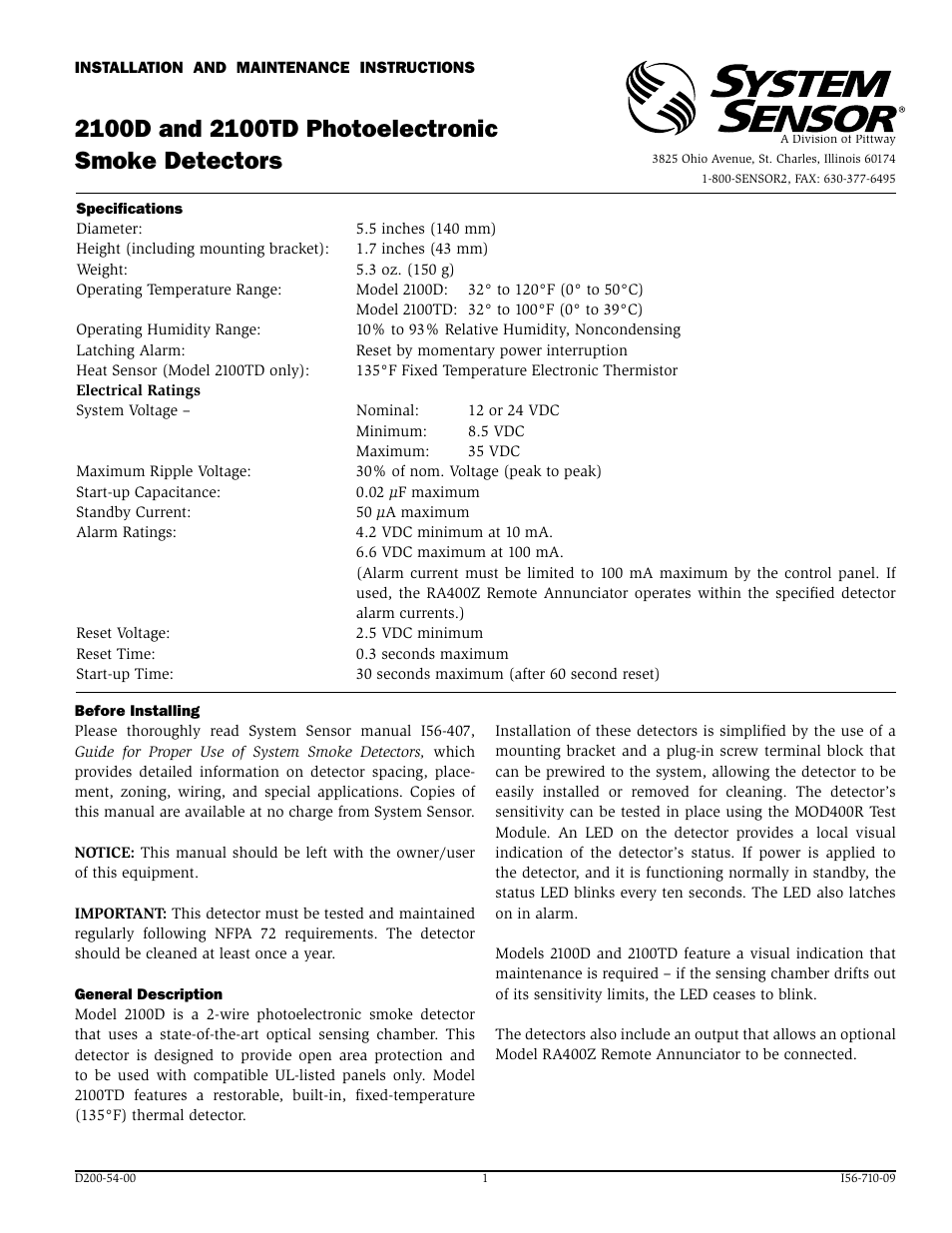 System Sensor 2100TD User Manual | 4 pages