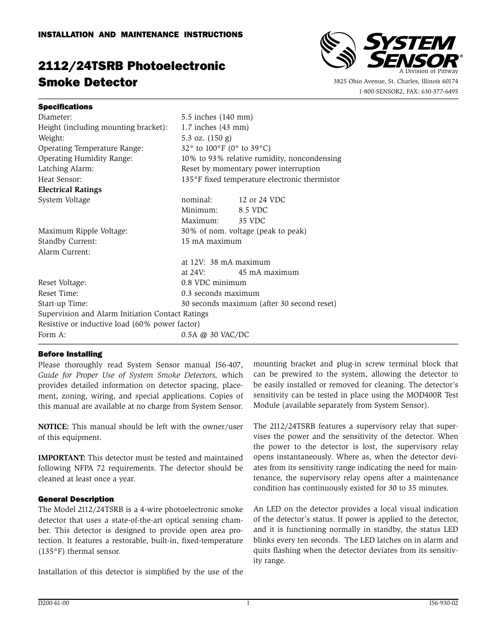 System Sensor 2112 User Manual | 4 pages