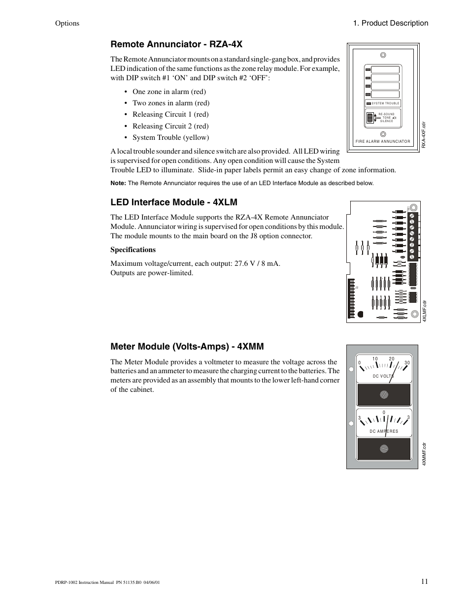 Remote annunciator - rza-4x, Led interface module - 4xlm, Meter module (volts-amps) - 4xmm | Options 1. product description | System Sensor PDRP-1002 Series User Manual | Page 11 / 60