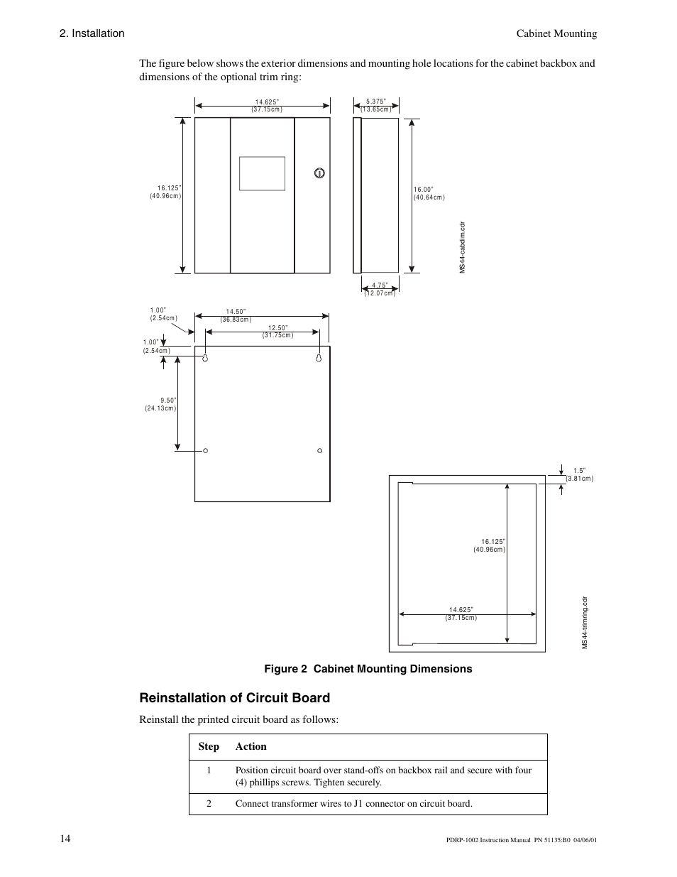 Reinstallation of circuit board, Installation cabinet mounting 14 | System Sensor PDRP-1002 Series User Manual | Page 14 / 60