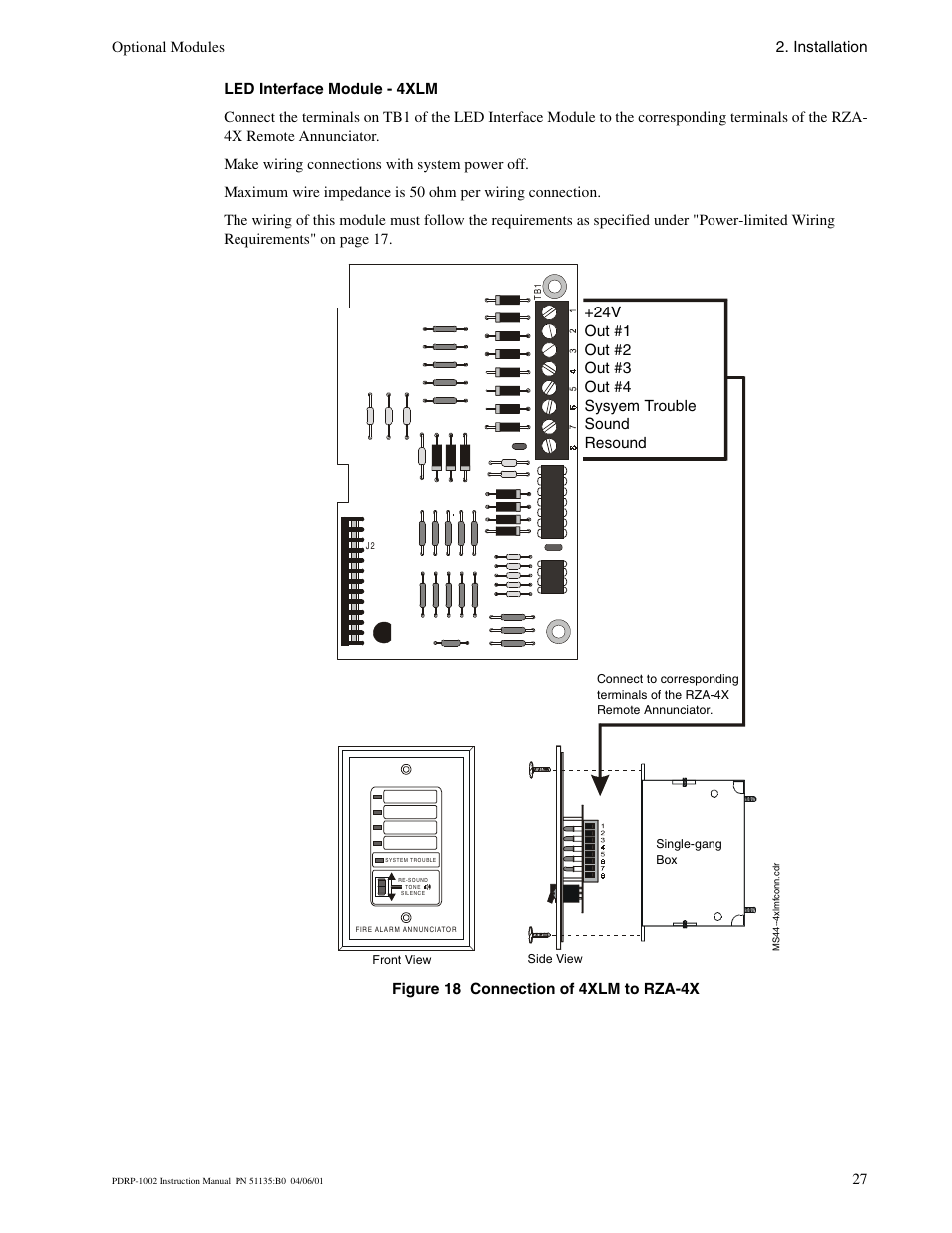 Led interface module - 4xlm, Optional modules 2. installation | System Sensor PDRP-1002 Series User Manual | Page 27 / 60