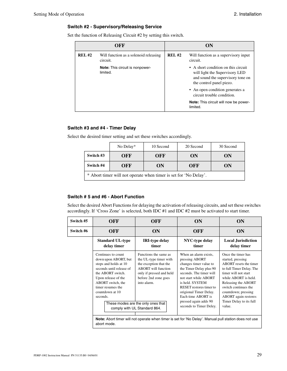 Switch #2 - supervisory/releasing service, Switch #3 and #4 - timer delay, Switch # 5 and #6 - abort function | System Sensor PDRP-1002 Series User Manual | Page 29 / 60