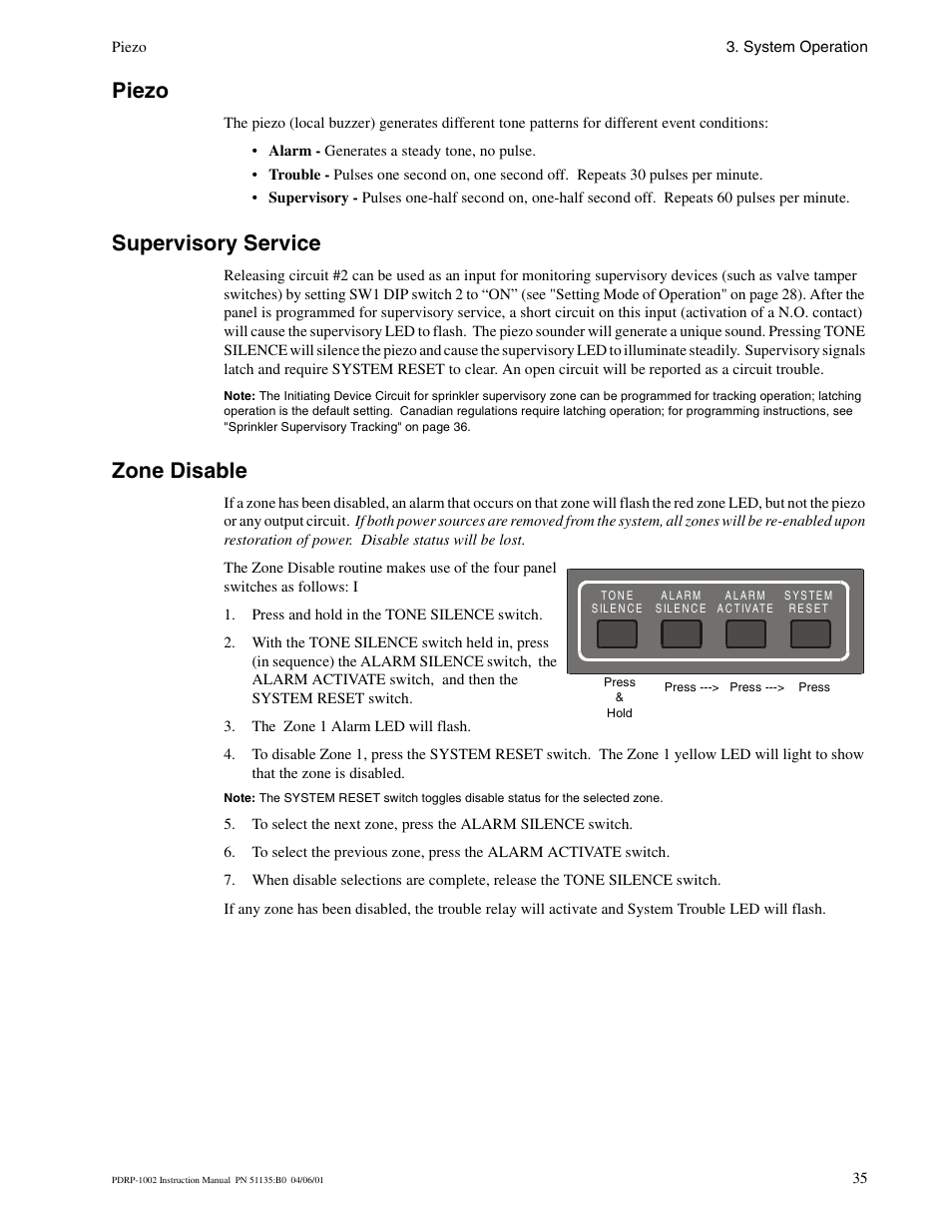 Piezo, Supervisory service, Zone disable | System Sensor PDRP-1002 Series User Manual | Page 35 / 60