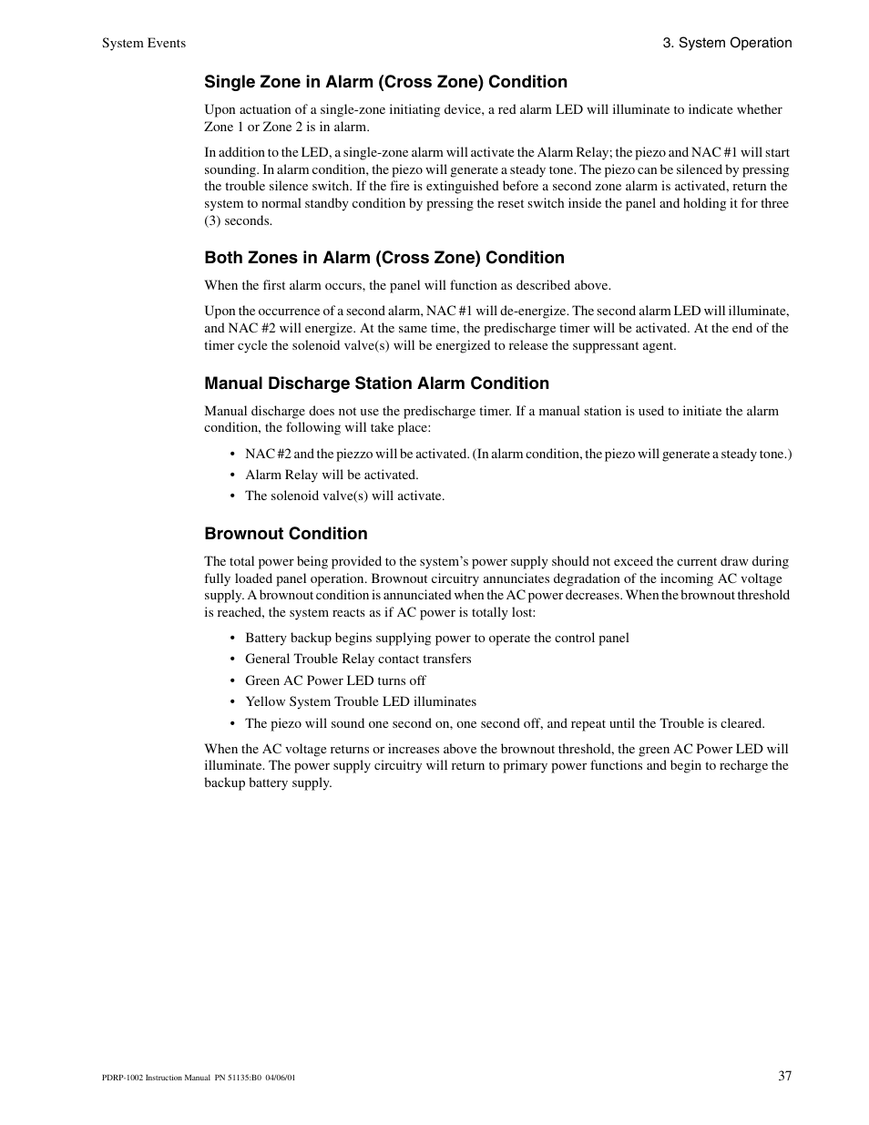 Single zone in alarm (cross zone) condition, Both zones in alarm (cross zone) condition, Manual discharge station alarm condition | Brownout condition | System Sensor PDRP-1002 Series User Manual | Page 37 / 60