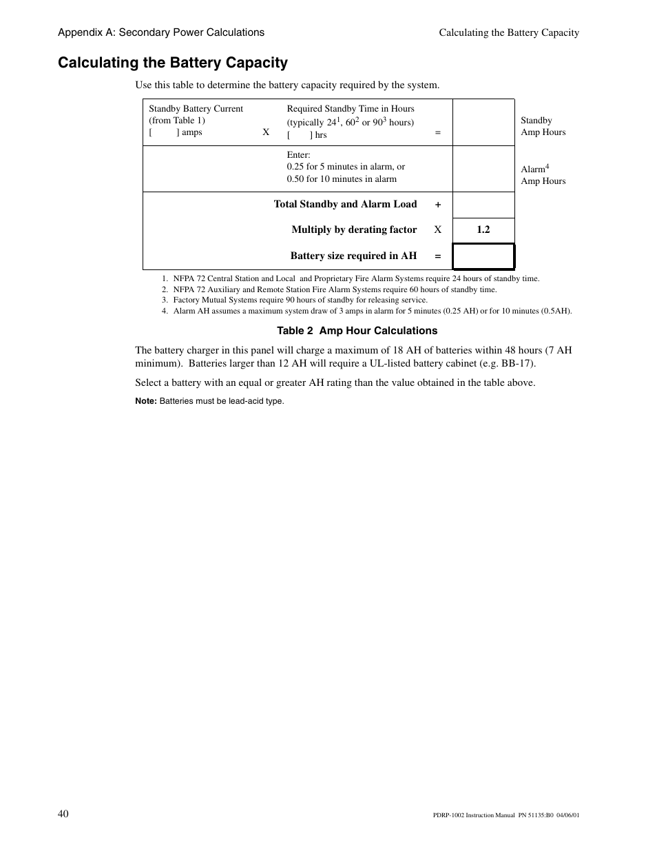 Calculating the battery capacity | System Sensor PDRP-1002 Series User Manual | Page 40 / 60