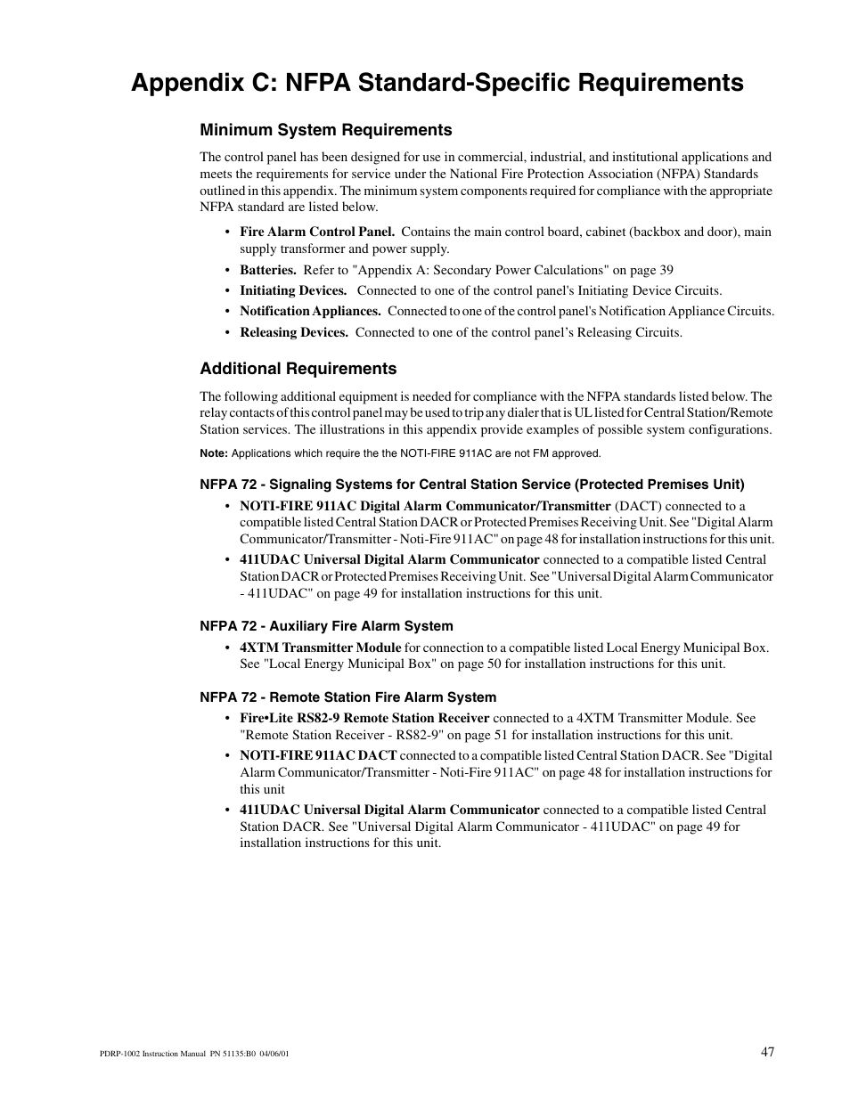 Appendix c: nfpa standard-specific requirements, Minimum system requirements, Additional requirements | Nfpa 72 - auxiliary fire alarm system, Nfpa 72 - remote station fire alarm system | System Sensor PDRP-1002 Series User Manual | Page 47 / 60