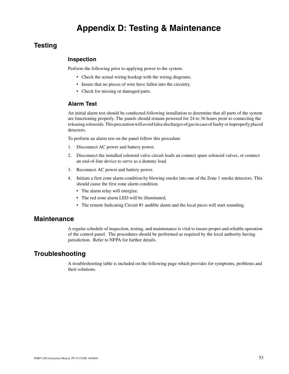 Appendix d: testing & maintenance, Testing, Inspection | Alarm test, Maintenance, Troubleshooting | System Sensor PDRP-1002 Series User Manual | Page 53 / 60