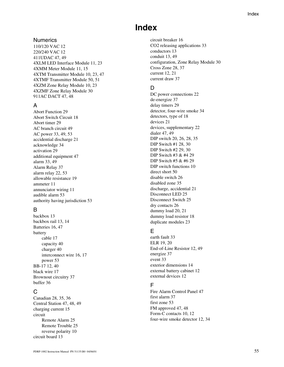 Index | System Sensor PDRP-1002 Series User Manual | Page 55 / 60