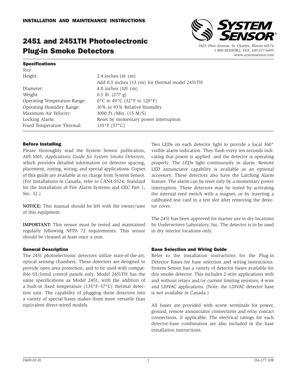 System Sensor 2451 User Manual | 4 pages