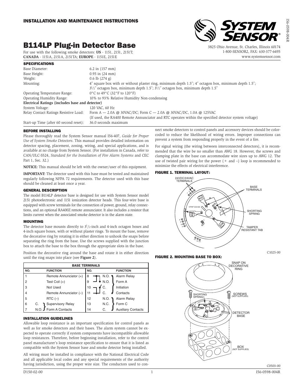 System Sensor B114LP User Manual | 2 pages