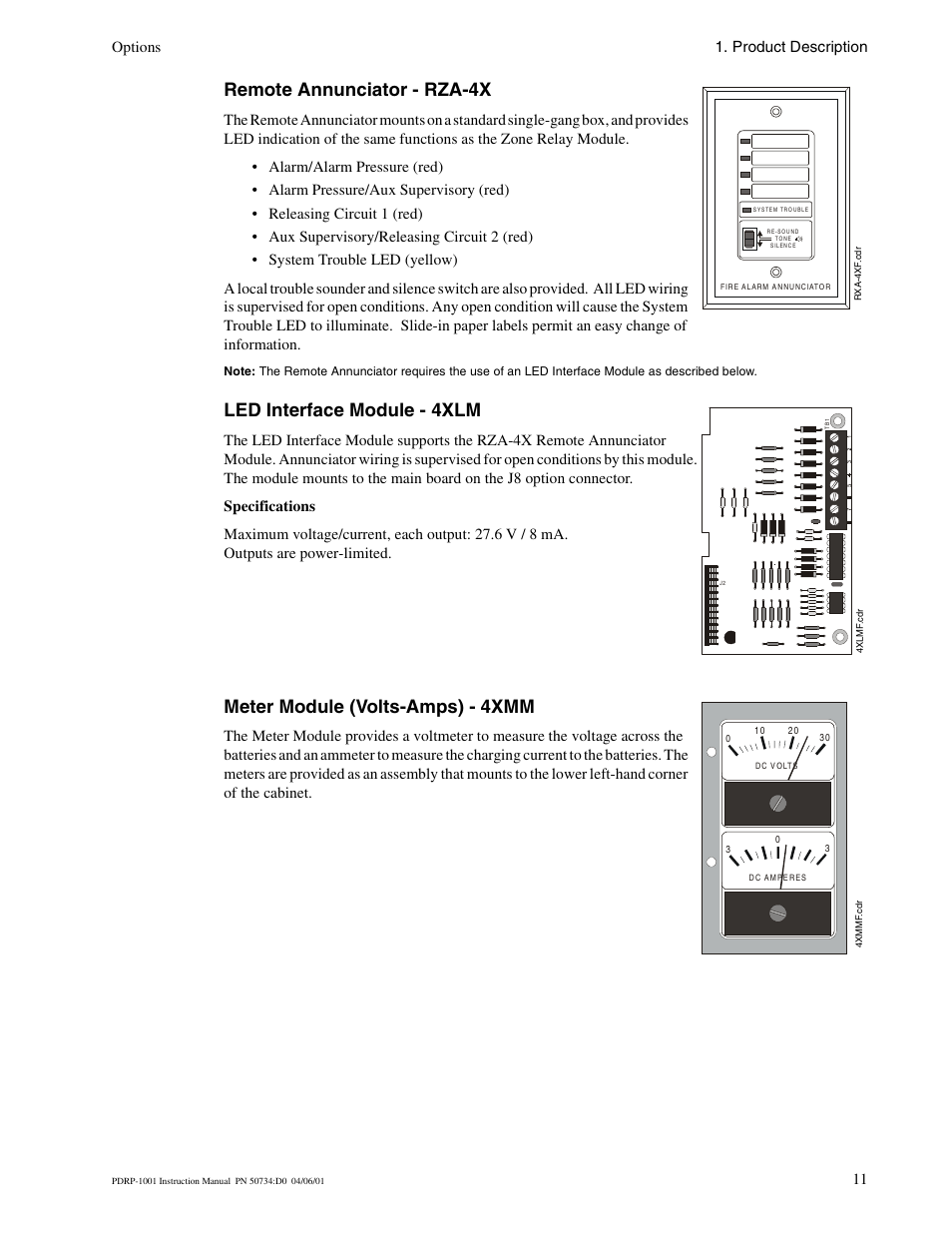 Remote annunciator - rza-4x, Led interface module - 4xlm, Meter module (volts-amps) - 4xmm | Options 1. product description | System Sensor PDRP-1001 Series User Manual | Page 11 / 56