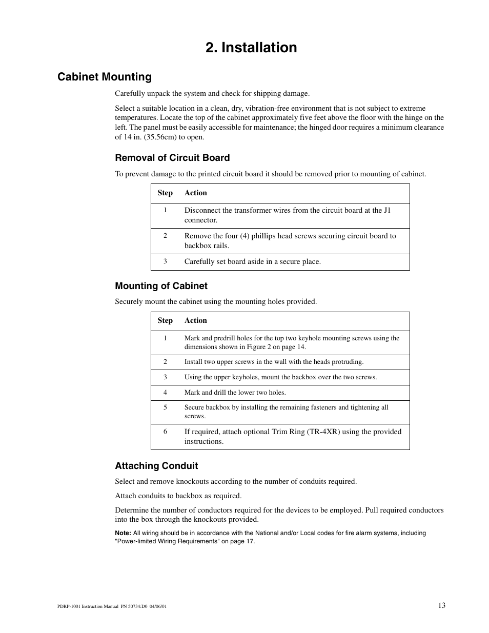 Installation, Cabinet mounting, Removal of circuit board | Mounting of cabinet, Attaching conduit | System Sensor PDRP-1001 Series User Manual | Page 13 / 56