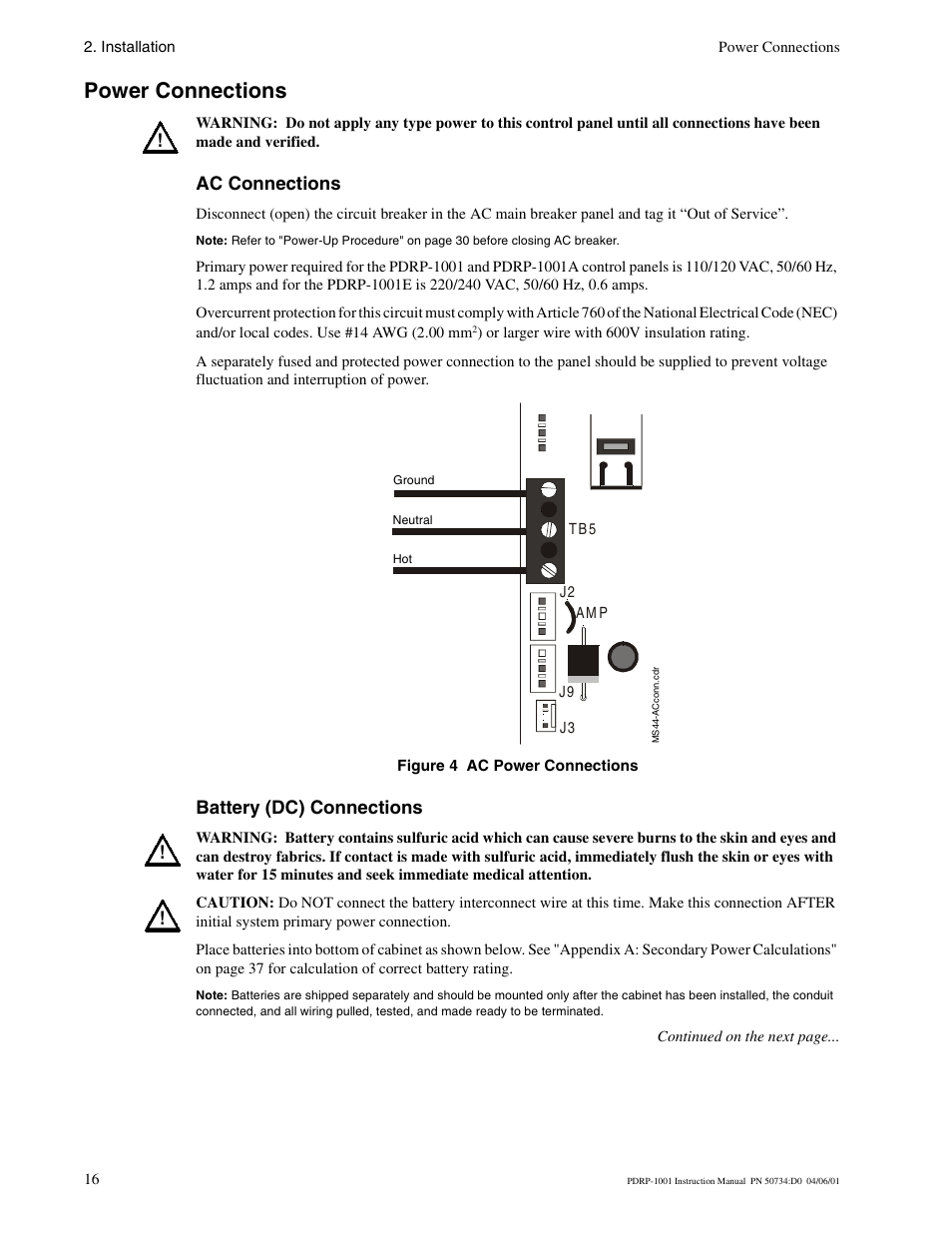 Power connections, Ac connections, Battery (dc) connections | System Sensor PDRP-1001 Series User Manual | Page 16 / 56