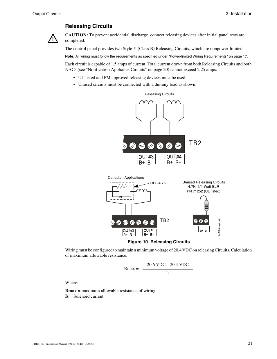 Releasing circuits, T b 2 | System Sensor PDRP-1001 Series User Manual | Page 21 / 56