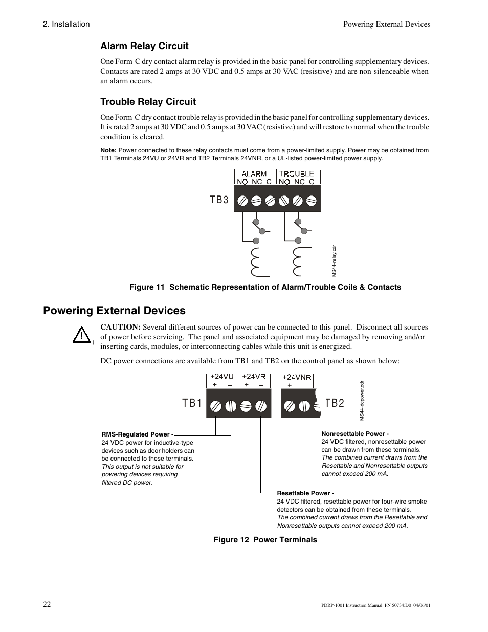 Alarm relay circuit, Trouble relay circuit, Powering external devices | T b 1 t b 2, T b 3 | System Sensor PDRP-1001 Series User Manual | Page 22 / 56