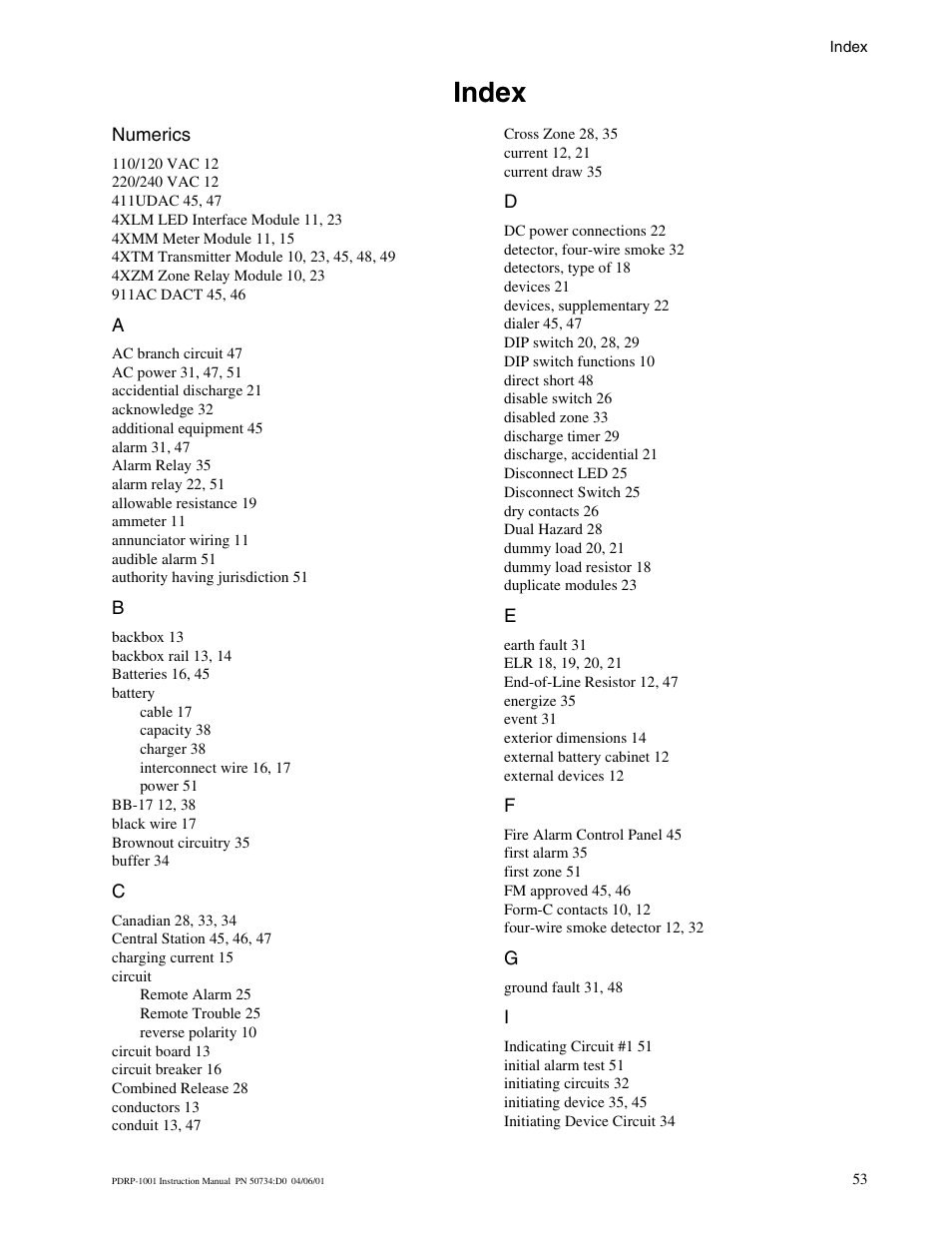 Index | System Sensor PDRP-1001 Series User Manual | Page 53 / 56
