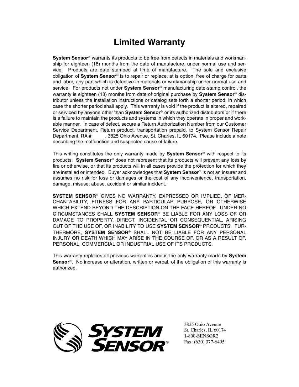 Limited warranty | System Sensor PDRP-1001 Series User Manual | Page 56 / 56