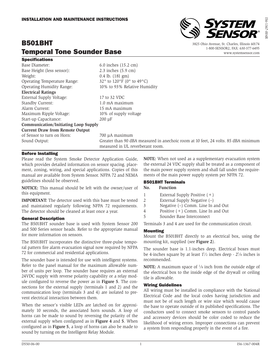 System Sensor TEMPORAL TONE SOUNDER BASE B501BHT User Manual | 4 pages