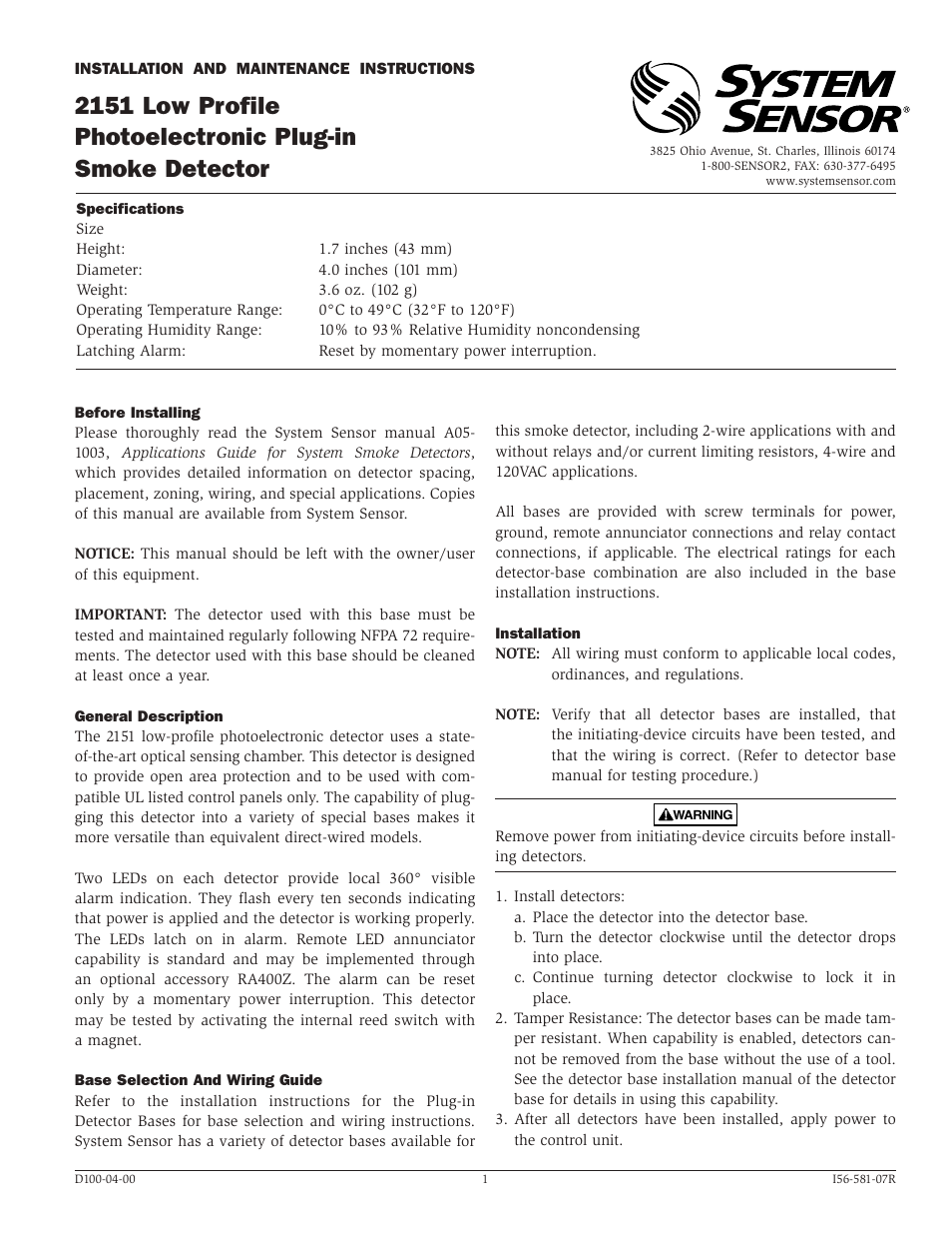 System Sensor 2151 User Manual | 4 pages