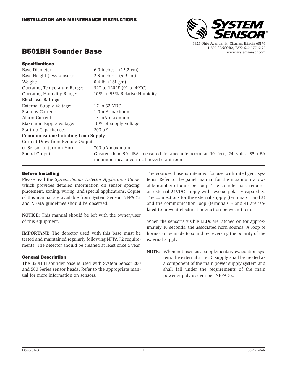 System Sensor B501BH User Manual | 4 pages