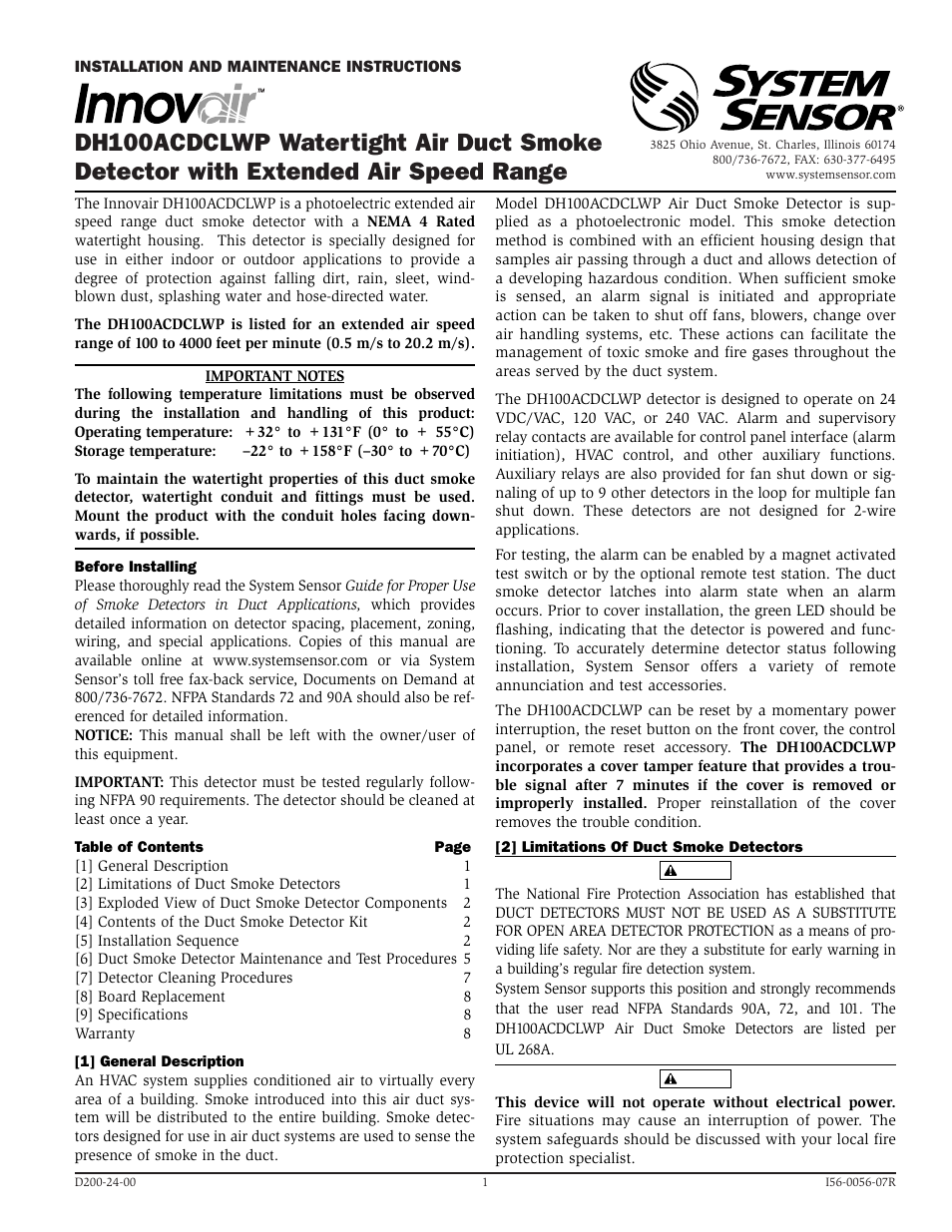 System Sensor INNOVAIR DH100ACDCLWP User Manual | 8 pages