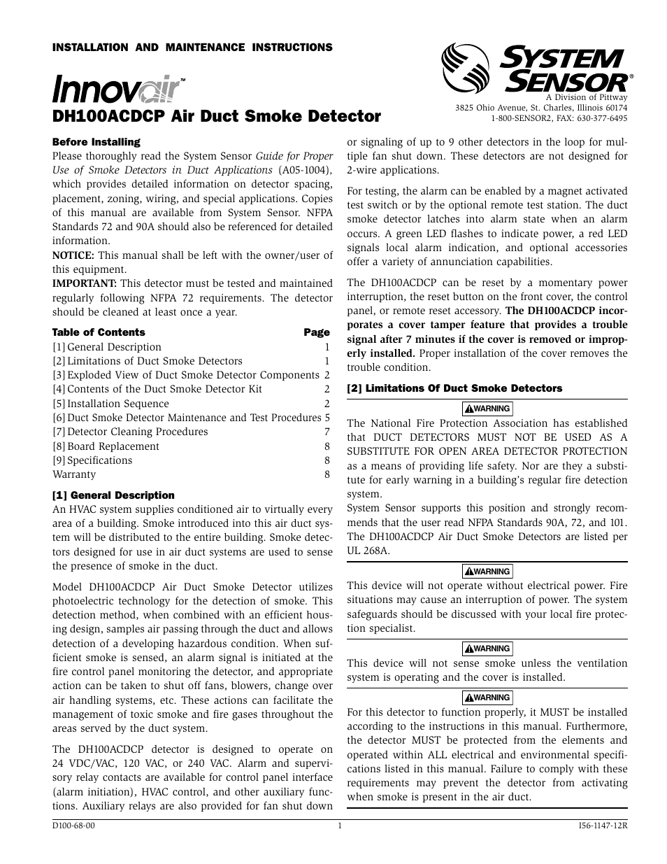 System Sensor INNOVAIR DH100ACDCP User Manual | 8 pages