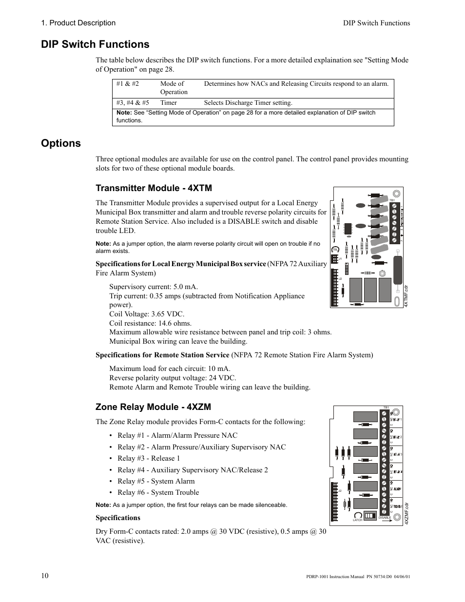 Dip switch functions, Options, Transmitter module - 4xtm | Zone relay module - 4xzm | System Sensor PDRP-1001 User Manual | Page 10 / 56