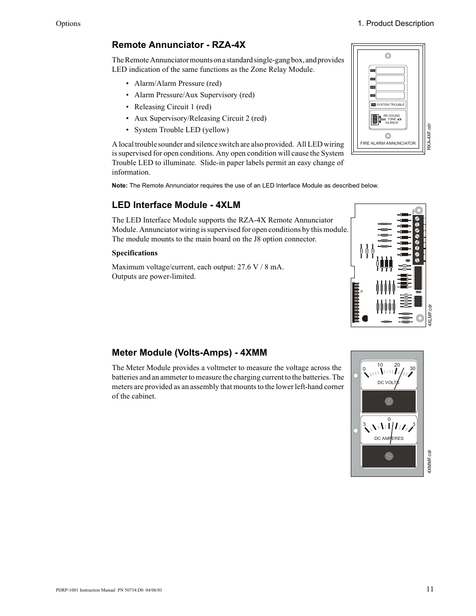 Remote annunciator - rza-4x, Led interface module - 4xlm, Meter module (volts-amps) - 4xmm | Options 1. product description | System Sensor PDRP-1001 User Manual | Page 11 / 56