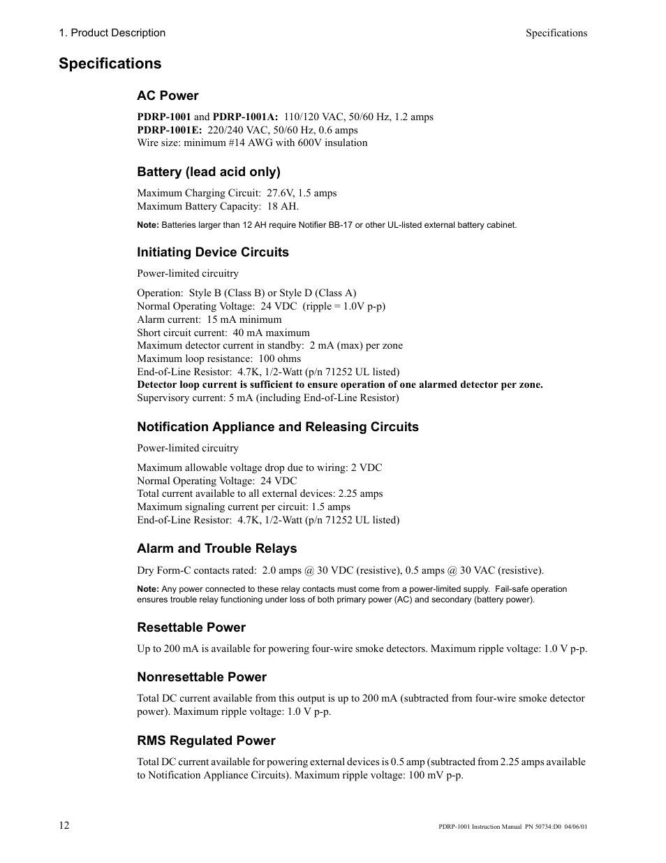 Specifications | System Sensor PDRP-1001 User Manual | Page 12 / 56
