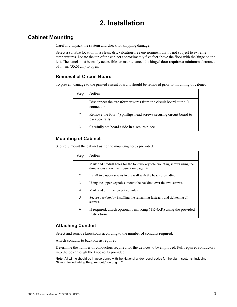 Installation, Cabinet mounting | System Sensor PDRP-1001 User Manual | Page 13 / 56