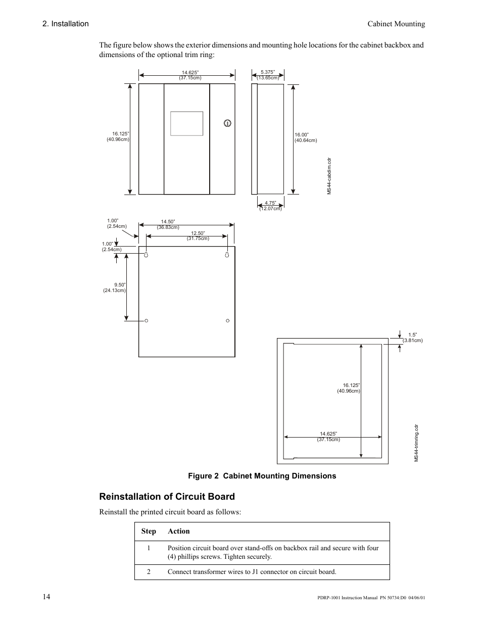 Reinstallation of circuit board, Installation cabinet mounting 14 | System Sensor PDRP-1001 User Manual | Page 14 / 56