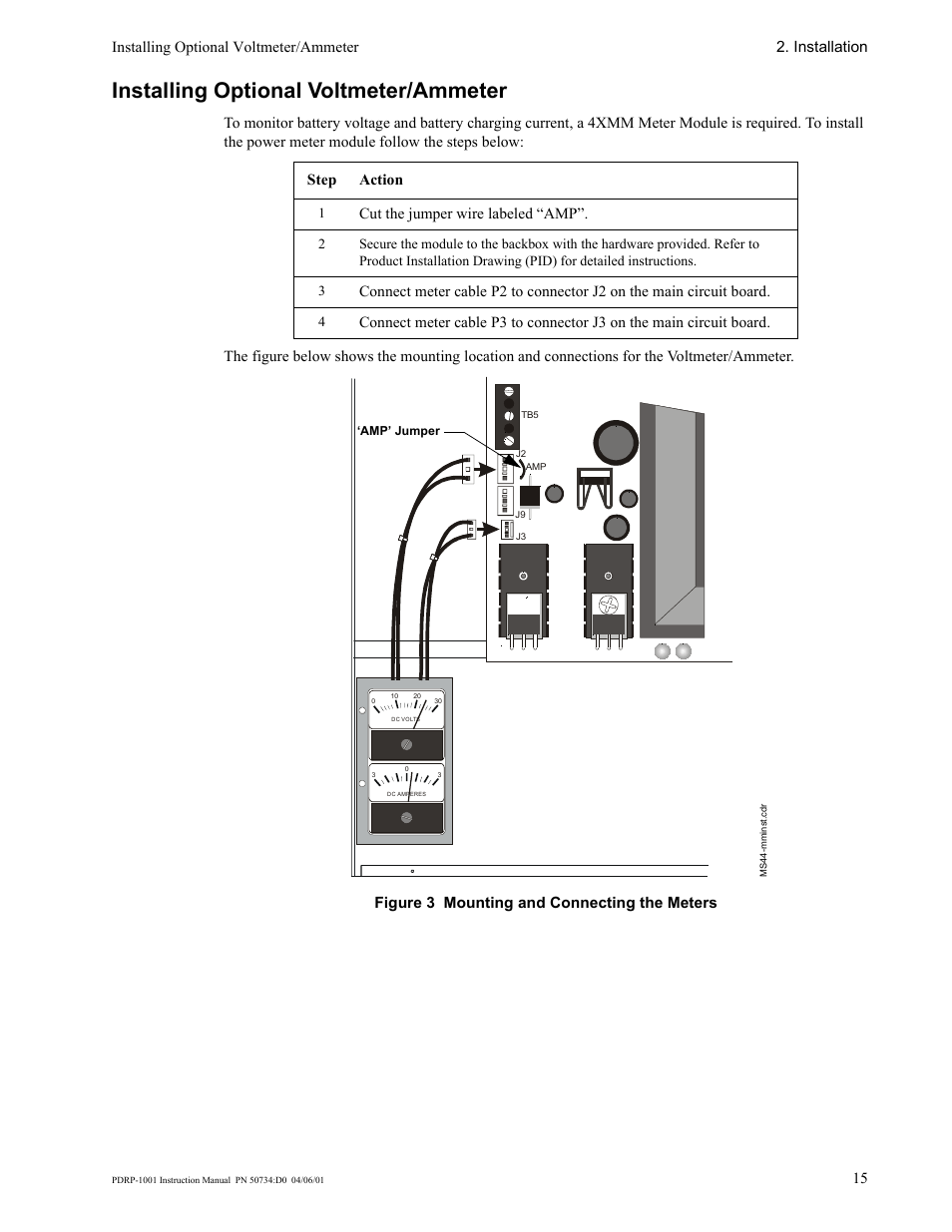 Installing optional voltmeter/ammeter, Cut the jumper wire labeled “amp | System Sensor PDRP-1001 User Manual | Page 15 / 56