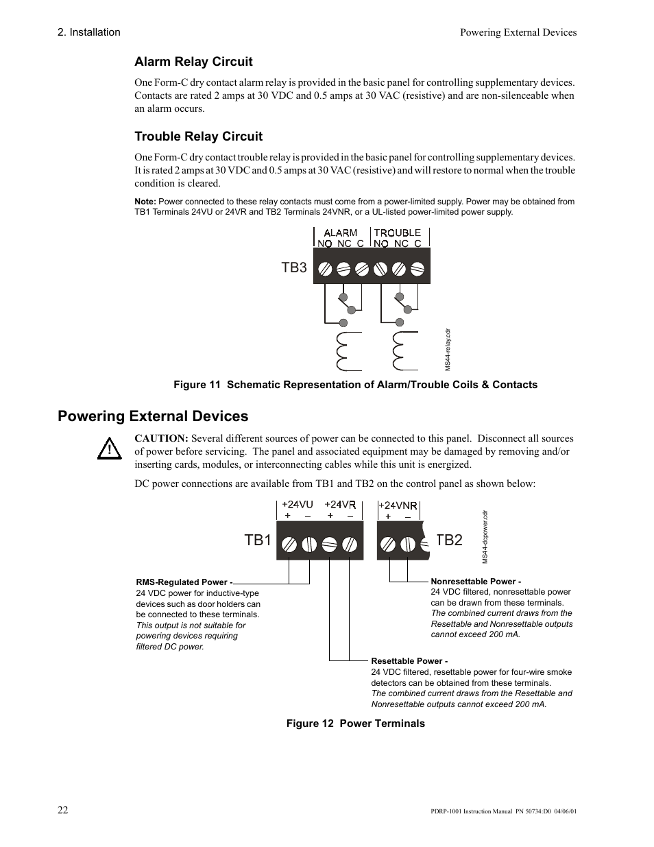 Tb1 tb2, Powering external devices, Alarm relay circuit | Trouble relay circuit | System Sensor PDRP-1001 User Manual | Page 22 / 56