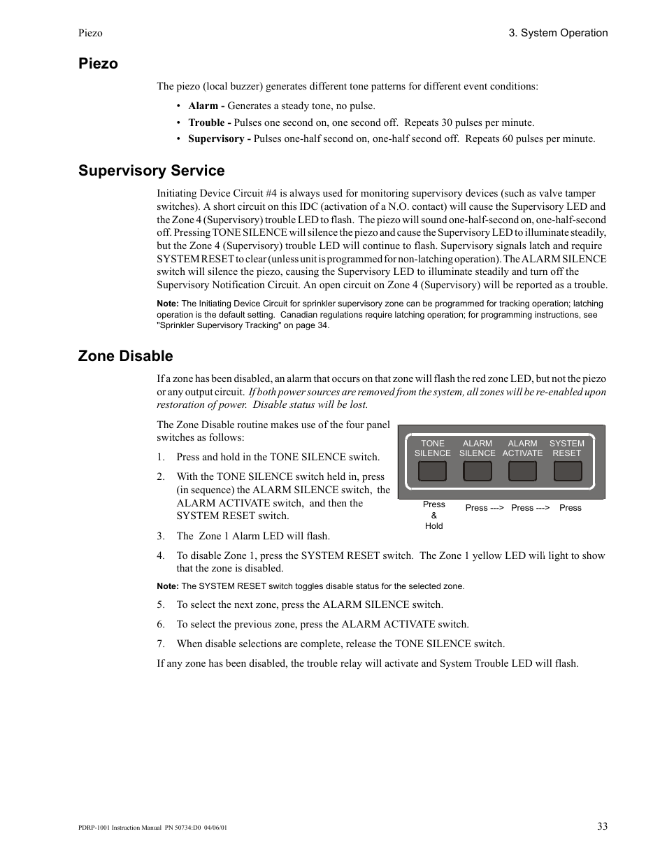 Piezo, Supervisory service, Zone disable | System Sensor PDRP-1001 User Manual | Page 33 / 56