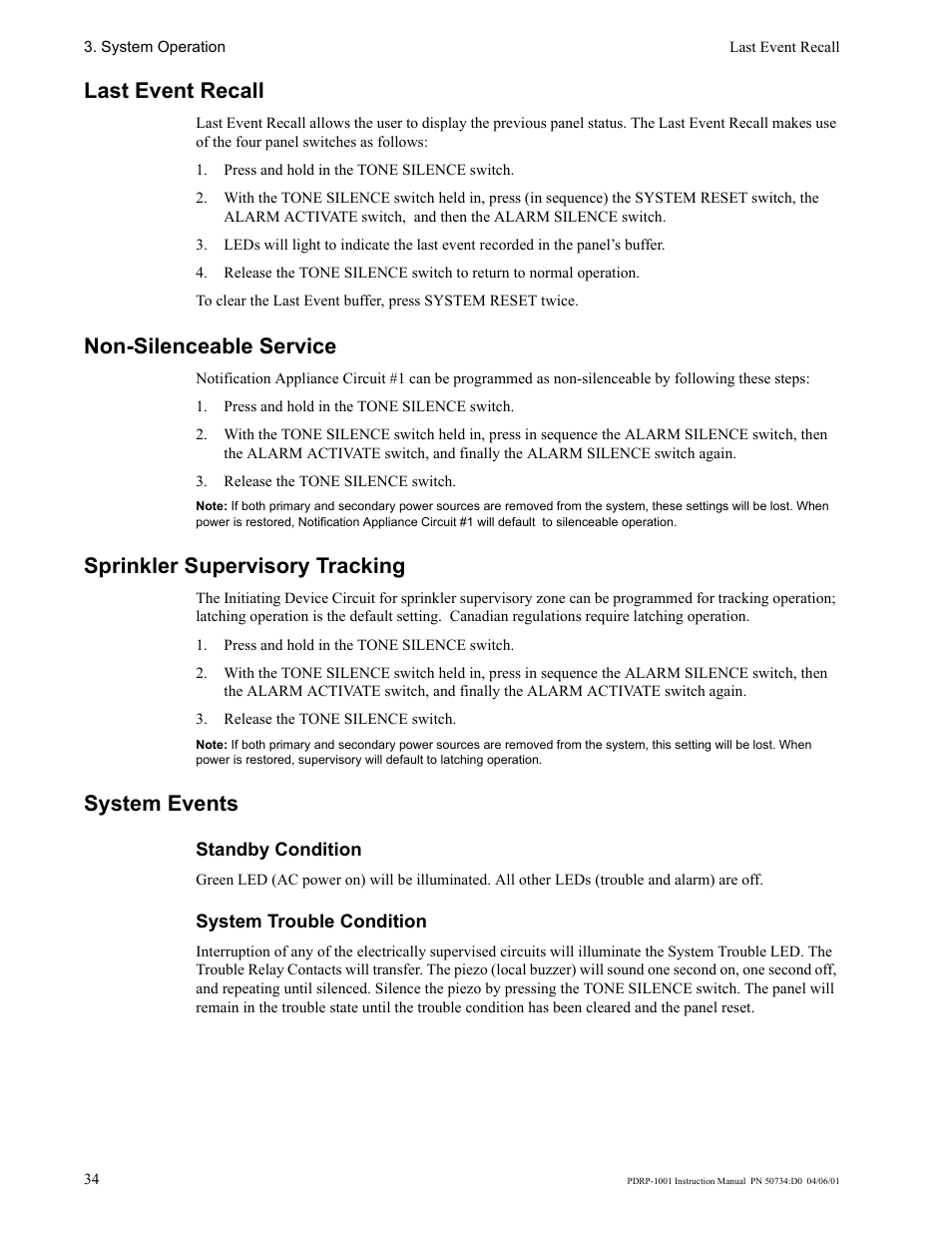 Last event recall, Non-silenceable service, Sprinkler supervisory tracking | System events | System Sensor PDRP-1001 User Manual | Page 34 / 56