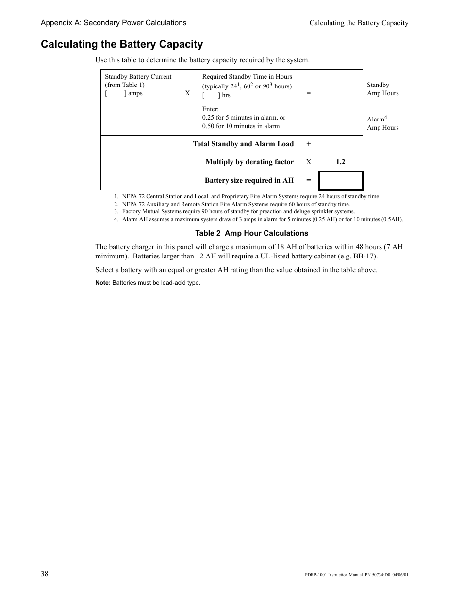 Calculating the battery capacity | System Sensor PDRP-1001 User Manual | Page 38 / 56