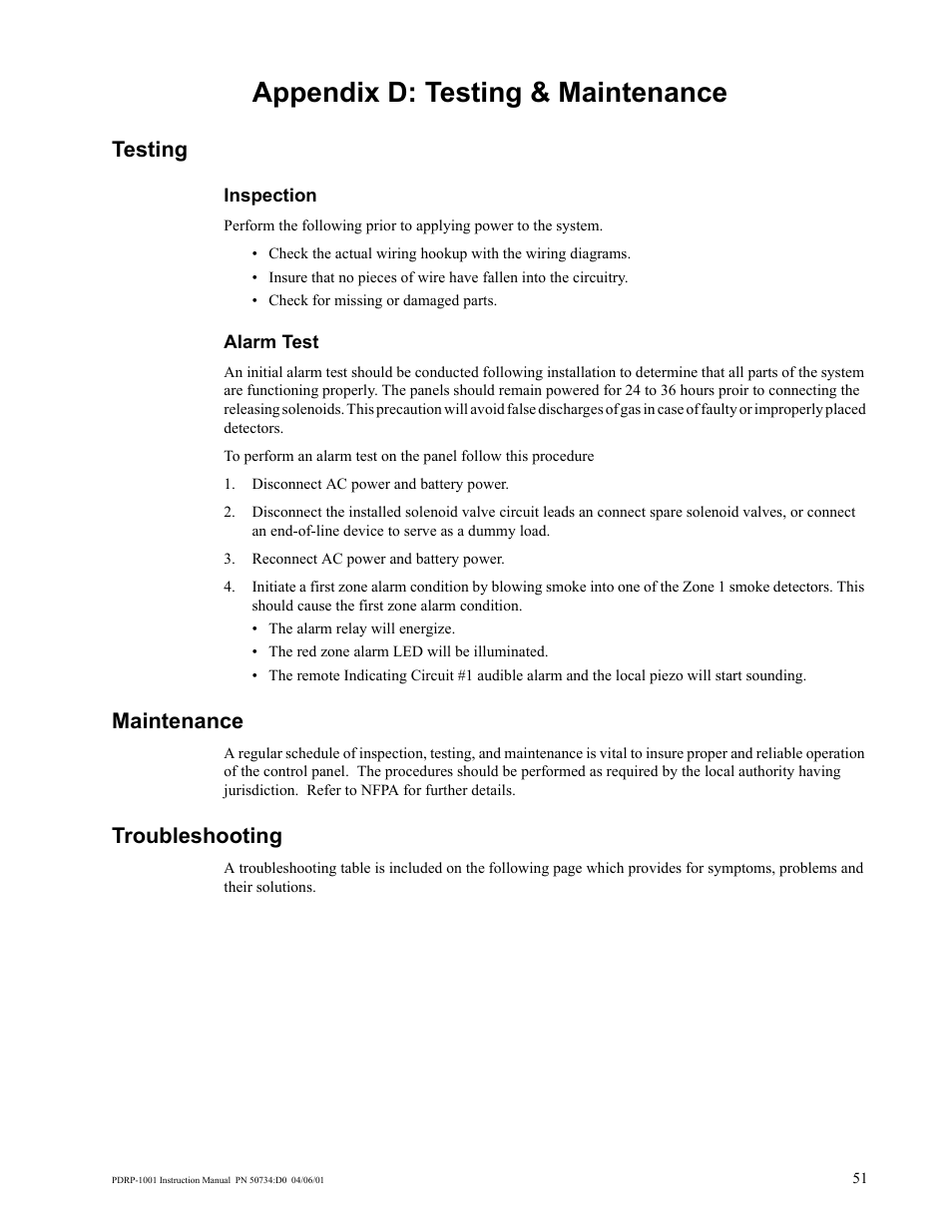 Appendix d: testing & maintenance, Testing, Maintenance | Troubleshooting | System Sensor PDRP-1001 User Manual | Page 51 / 56
