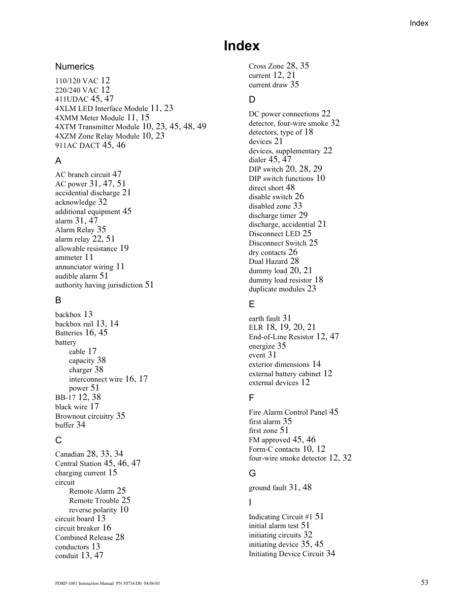 Index | System Sensor PDRP-1001 User Manual | Page 53 / 56