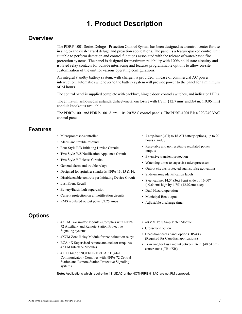 Product description, Overview, Features options | System Sensor PDRP-1001 User Manual | Page 7 / 56