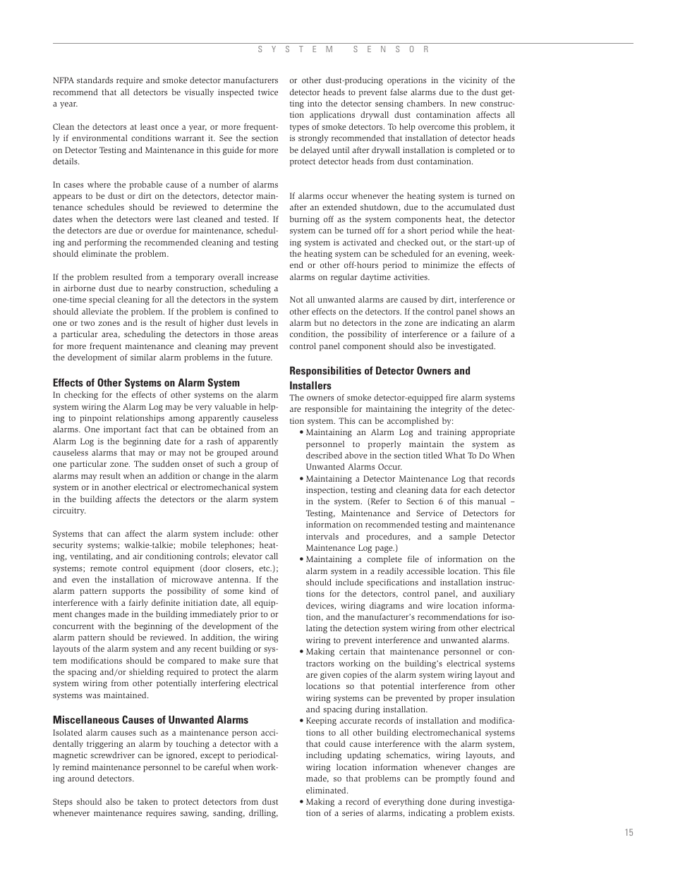 Effects of other systems on alarm systems, Miscellaneous causes of unwanted alarms, Responsibilities of detector owners and installers | System Sensor A05-1003-002 User Manual | Page 16 / 21
