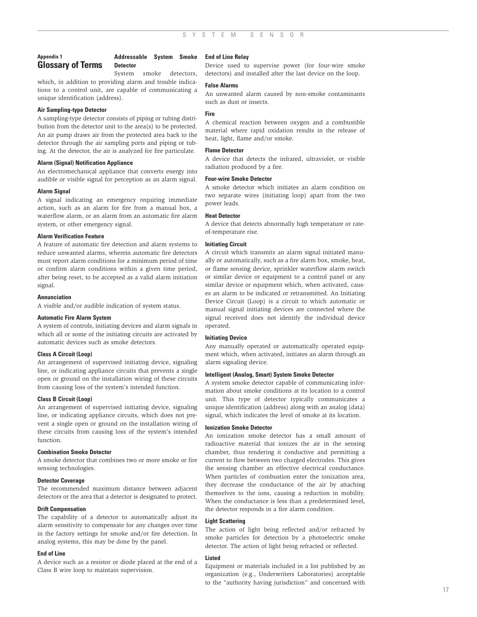 Appendix 1: glossary of terms, Glossary of terms | System Sensor A05-1003-002 User Manual | Page 18 / 21