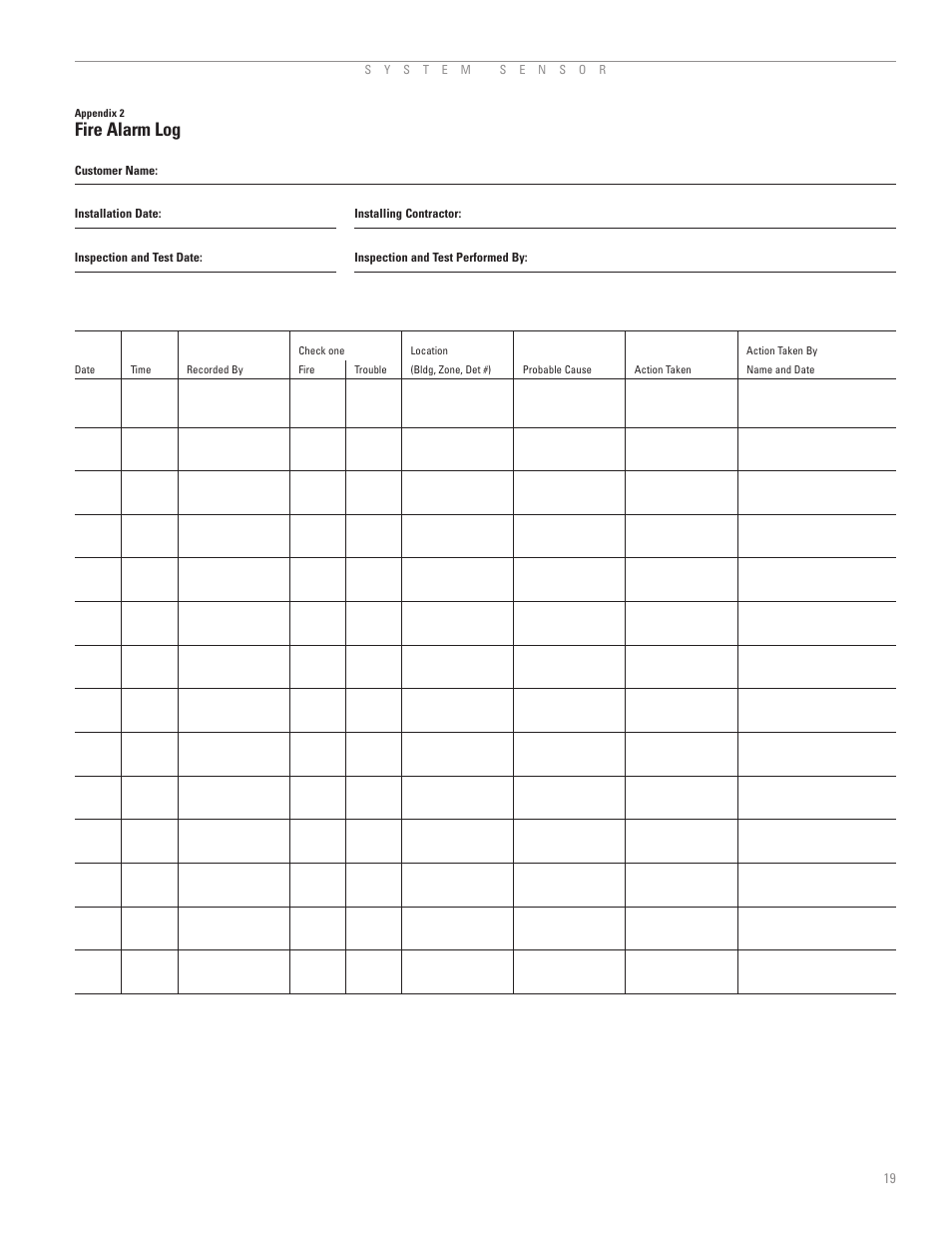 Appendix 2: fire alarm log, Fire alarm log | System Sensor A05-1003-002 User Manual | Page 20 / 21